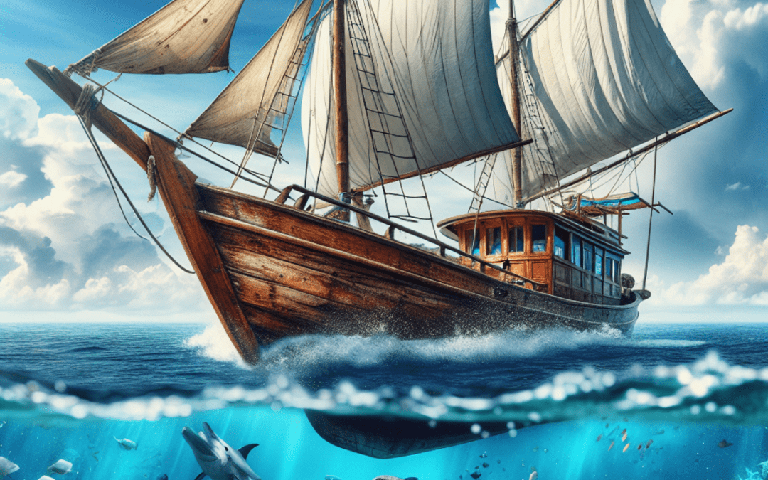 A fishing boat sails through clear, blue waters with marine life swimming below.